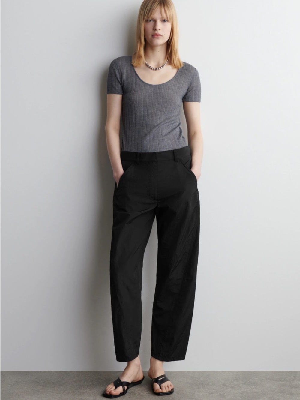 NWT COS Nylon Barrel Leg Trousers Black Womens Size 12